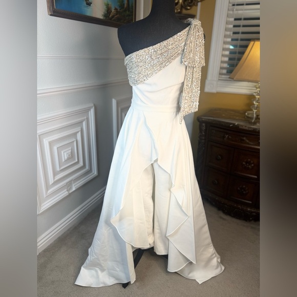 Gavin Jumpsuit With Satin Overskirt in Light Ivory, Silver & Diamond White - Picture 8 of 15